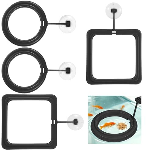 SULIKJHUI 4 Pcs Fish Feeding Ring, Black | Round & Square Floating Aquarium Feeding Ring with Suction Cup, Easy to Use for Betta, Goldfish, Guppy, Turtle & Small Fish
