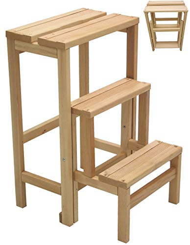 Hocker Leiter Leiter 3 Stufen zusammenklappbar platzsparend aus Naturholz oder Nussbaum (Naturholz)