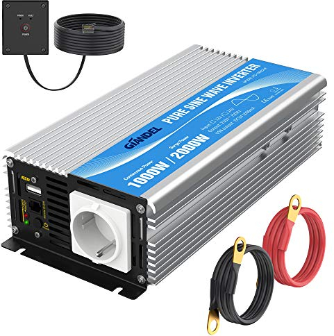 Giandel Inversor de Corriente de Onda Sinusoidal Pura 1000w Convertidor DC 12V a AC 220V 230V con Mando a Distancia con Toma de AC & 2.4A Puerto USB para Coche de camión RV