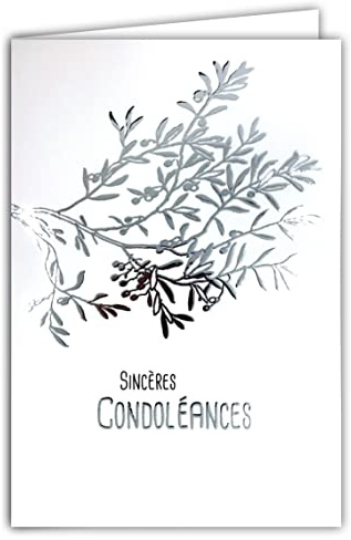 64-1040 Carte Sincères Condoléances avec Enveloppe Blanche - Argenté Brillant Branche Olivier Paix - Contemporain Deuil Décès - Format Fermé 11,5x17 cm - Fabriquée en France