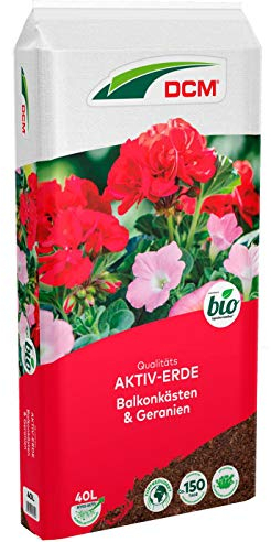 DCM AKTIV Erde Balkonkästen & Geranien - Spezialerde - Universalerde - Mit organischem Dünger - Mit Mykorrhiza-Pilzen - natürlichen Wasserspeicher Sphagnum -Moos - Torfreduzierte Pflanzenerde - 40 L