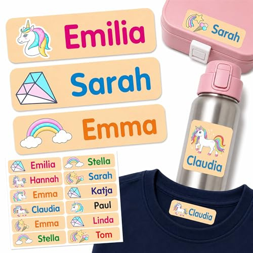 Indigos UG - Namensaufkleber Kinder Schule - 35–105 Sticker 35x10mm - Einhorn sand - Kindergarten - mit Wunschtext personalisierbar - wasserfeste Wäscheetiketten selbstklebend