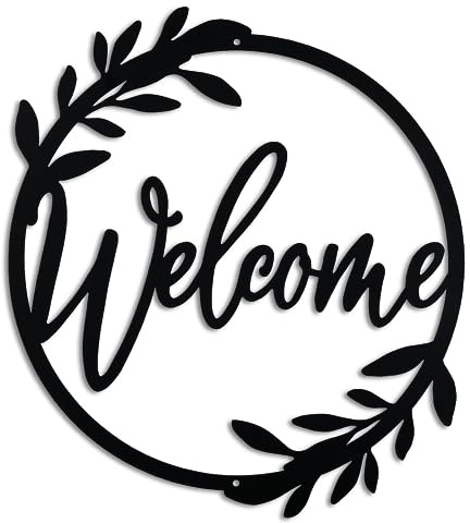 AERLO Metal Welcome Sign for Front Door - Large 13.5 inch Black Wall Decor - Indoor Outdoor Home Decor Perfect for Front Porch, Living Room, and Kitchen (Wreath Style)