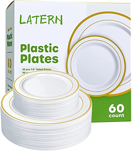 LATERN 60 Pezzi Stoviglie in Plastica Dorata, 30 Piatti Piani da 26cm + 30 Piatti per Insalata da 19cm, Piatti di Plastica Riutilizzabili per Festa di Dessert Giardino Anniversario Matrimonio