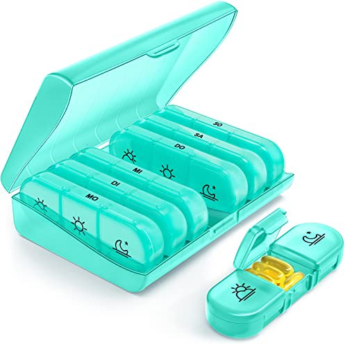 AUVON wöchentlicher Pillendose 7 Tage 3 Fächer, tragbare Tablettenbox 7 Tage mit großen separaten Fächern für Medikamente, Vitamine, Fischöl, Nahrungsergänzungsmittel usw. (Cyan)