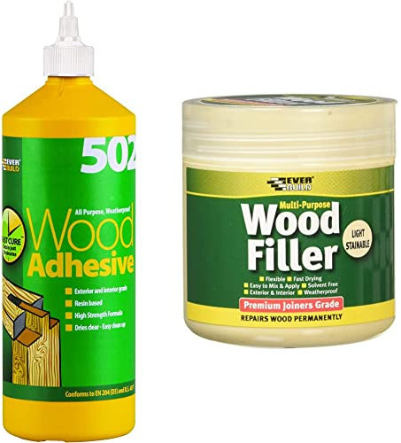 Everbuild 502 All Purpose Waterproof PVA Based Wood Adhesive - 1 Litre & EVBMPWFLS250 Multi-Purpose Wood Filler, Light Stainable, 250 ml