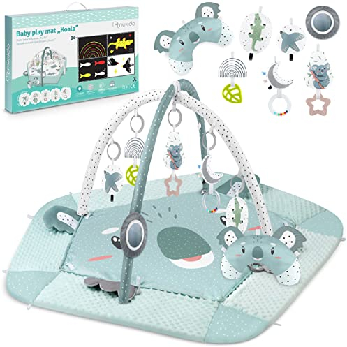 Nukido Spielbogen Baby Interaktiv - 5in1 Krabbeldecke Spielmatte - Krabbelmatte Laufstall Babynestchen für Neugeborene mit Bauchzeit-Kissen - 2 Bögen mit 7 Sensorik-Spielzeugen - Minze