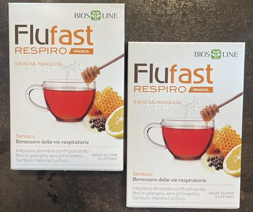 BIOS LINE- Flufast Respiro,per il benessere delle vie respiratorie, Arancia 9 Bustine monodose (2CONFEZIONI) (2)