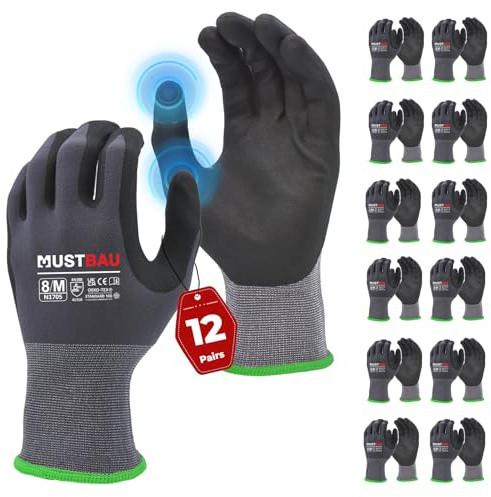 Mustbau 12 Paires Gants de Travail à Écran Tactile, Gants Nitrile Résistants à l'Abrasion, Excellente Préhension Convient pour Jardinage, Mécanique, Chantier (Gris,M)