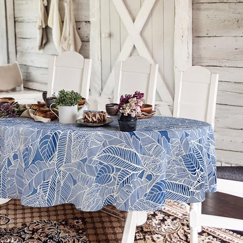 Yighty Oval Blue and White Tablecloth 60x84inch, Blue Leaf Country Tablecloth Classic French Modern Country Farmhouse Decoration, Suitable for Dining Room and Kitchen. Indoor and Outdoor Dining