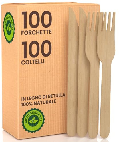 Umweltfreundliches Besteckset aus Birkenholz 100 Gabeln + 100 Einwegmesser, 100 % natürlich, biologisch abbaubar und kompostierbar für den einmaligen Gebrauch
