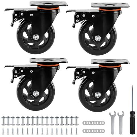 SWAWIS 4Pcs Roulette Pivotante avec Frein 100mm, Roulette Charge Lourde avec Vis, Roulettes pour Meubles Polyuréthane, Jusqu'à 600KG, Roues pour Meubles, Lit, Table, Armoire