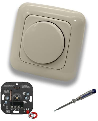 EBROM 1001 LED-Drehdimmer LED Dimmer mit Busch Jäger Dimmerscheibe Zentralplatte 2115-212 Einfachrahmen in DURO2000 cremeweiß glänzend inklusive EBROM Phasenprüfer zur Montage des Dimmers