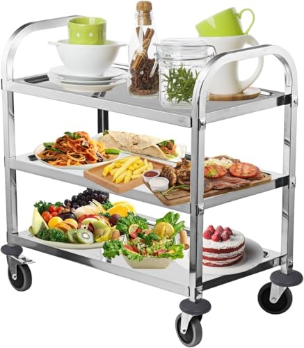 ALPIKA 3 Tier Stainless Steel Large Serving Catering Cart Utility Rolling Cart Kitchen Island Trolley Storage Cart with Locking Wheels, Ideal for Kitchen Hotels, 95x 95x 50 CM