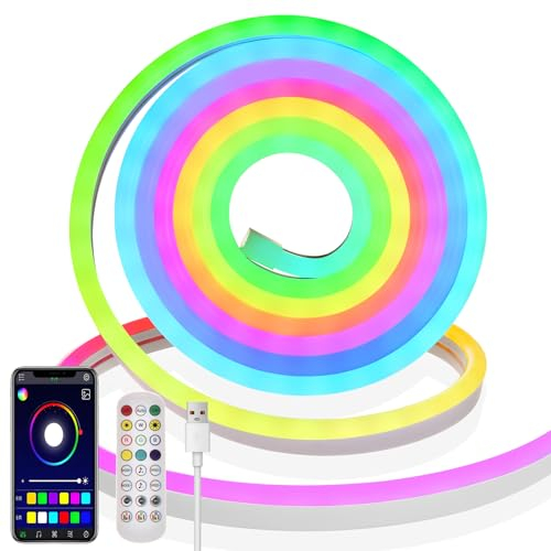 BERIXDEEP Tiras LED Neon RGB IC, Tira LED USB 5V con Mando de Aplicación, Sync Música, Cambio de Color Segmentado, Luce Exterior Impermeable, Tira LED 3m para Habitación