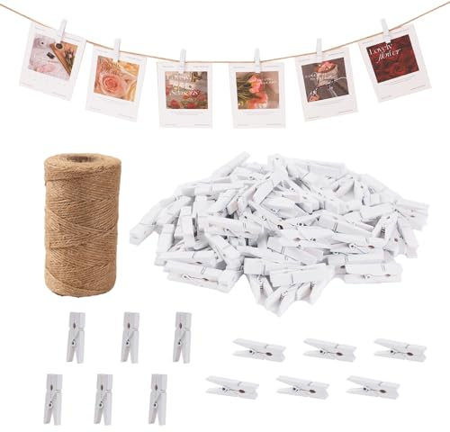 VijarCrea Pequeños pines blancos para fotos, 100 pinzas de madera blanca con cordel de yute de 328 pies, pequeños pines de ropa de 1.4 pulgadas para fotos, manualidades, imágenes, baby shower,