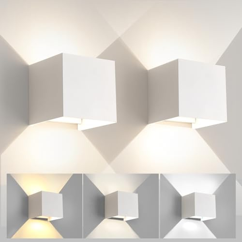 FUPE 2 Stück Wandleuchte Aussen Innen Einstellbare 3 Lichtfarben LED Wandlampe Aussen Außenwandleuchten Modern Weiß 12W IP65 Wasserdicht quadratisch Aluminium Wandleuchte Passen Sie den Lichtwinkel
