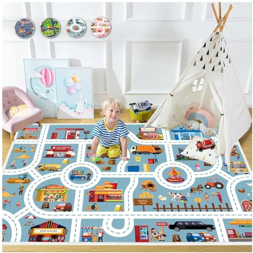 Xyrjova Car Road Kid Rug Carpet Playmat for 31x47in Playroom City Traffic Road Kids Play Mat for Toddler Non Slip Washable City Map Race Track Carpet Rug for Kids Room Bedroom Decor