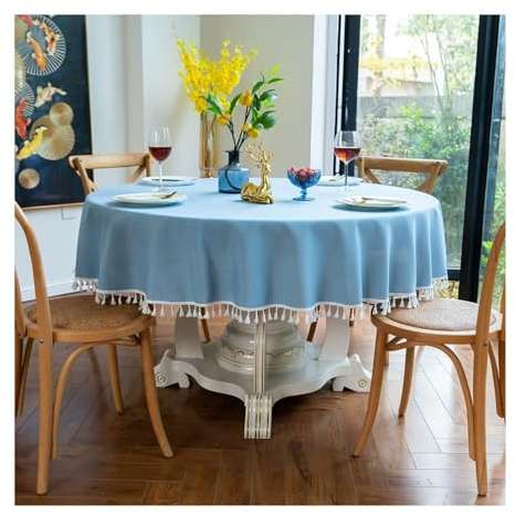 AMDXD Tischdecke Rund, Einfarbig mit Quaste Tischtücher Polyester, Tischdecken Modern Fleckschutz Schmutzabweisend Mitteldecke für das ganze Jahr, 280CM, Blau