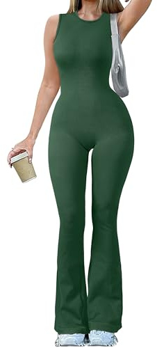 OQQ Women Yoga Jumpsuits Ribbed Crew Neck Sleeveless Bell Bottoms Flare Jumpsuits Darkgreen