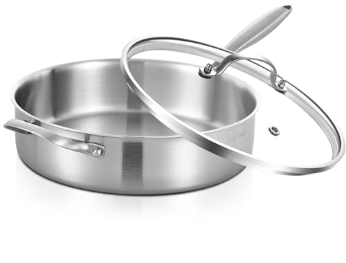 Inqibee 28 CM Tri-Ply Stainless Steel Sauté Pan with Lid,Induction Deep Frying Pan,Detachable Ergonomic Handle and Oven Safe