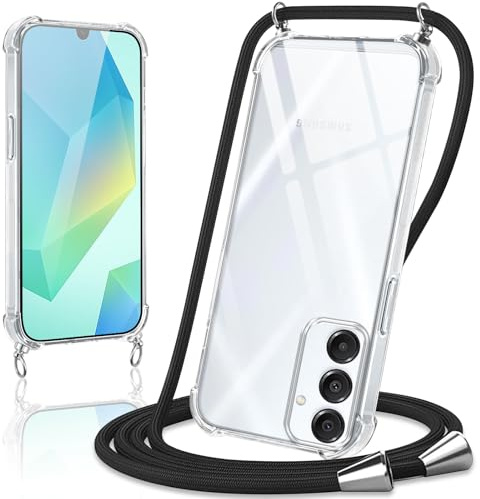 Coiwxmoi Handykette Handyhülle für Samsung Galaxy A16 5G Hülle mit Band 6.7,Transparent Case mit Kette Abnehmbar zum Umhängen Kordel Schutzhülle,Weich Silikon TPU Stoßfest Cover,Schwarz