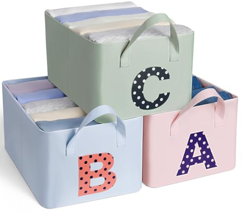 Cozary Scatole Portaoggetti in Tessuto Oxford,Set di 3 Contenitori per Armadio Rigide con Manico 40x30x19cm,Scatola di Stoffa Pieghevole da 23L con Telaio in Metallo, Organizer Armadio Bambini