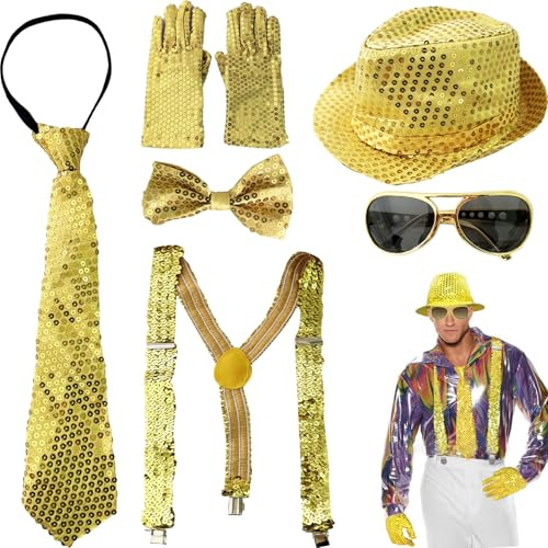DONGZQAN 7PCS Glitzer Outfit Herren Glitzer Kostüm, Fasching Kostüm Herren, Disco Outfit Herren, Glitzer Accessoires Herren, Glitzer Hut Herren für Fasching Party Dance Performance