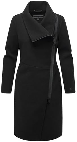 Navahoo Damen lange Übergangsjacke Mantel in Woll-Optik mit asymmetrischem Kragen und wasserdichtem Reißverschluss Samtrose 14 XS-3XL