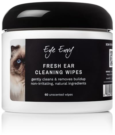 Eye Envy – Lingettes Nettoyantes pour Les Oreilles des Chats, Fabriquées aux États-Unis avec des Ingrédients Naturels, Non Parfumées, Sûres et Non Irritantes, Préviennent Les Infections, 60 Lingettes