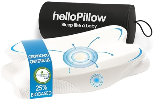 HelloPillow - Almohada Cervicales y Cuello de Espuma Viscoelastica, Almohada Ortopedica, Almohada Ergonómica para Dormir de Lado y Boca Arriba, 60 x 35 x 8/12 cm | (Blanco)