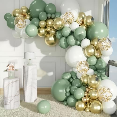 Balloon Garland Arch Kit – 146 Pcs Sage Green, White, Metallic Gold & Confetti Balloons for Baby Shower, Birthday, Gender Reveal, Wedding Party – DIY Kit by Vellax™