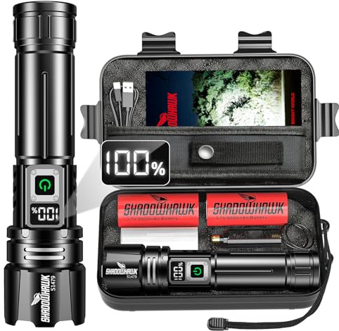 Shadowhawk Rechargeable LED Torch 500000 Lumen Super Bright Flashlight | 24H Runtime, 2 Batteries Included, IP67, LCD Display, 5 Modes, Zoomable, for Camping, Emergency, Dog Walking, Power Cuts
