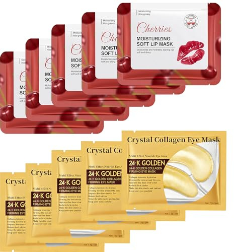 Virecose 10pcs Patch Anti Cernes Yeux Collagene avec 5pcs Cerise Masque à Lèvres au Collagène, Masque Collagène Exfoliant & Hydratant, Masque anti-âge avec hydratation rafraîchissante