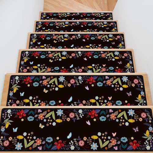 InIsaJace Stair Treads for Wooden Steps, 15 Pack Flower Stair Runners Covers Non Slip Indoor 8 X 30, Washable Carpet Rugs with Silicone Backing for Kids Elders and Dogs
