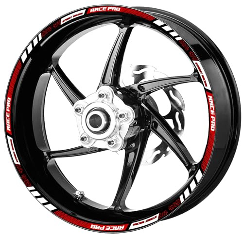 Decalart Kit 18 adesivi cerchi ruote Moto (4 adesivi per lato) RACE PRO Street Racing filetto strisce cerchione universali per ruote da 17 Pollici L267 (Rosso, 17 Pollici)