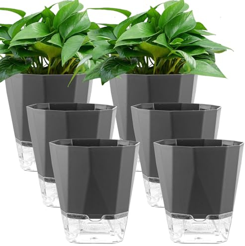 APACALI 6 Stück Selbstwässernder Blumentopf, 15CM Kunststoff Selbstbewässerung Topf, Kräutertopf Küche mit Bewässerungssystem, Blumentopf für Indoor für Innen und Balkon, Grau