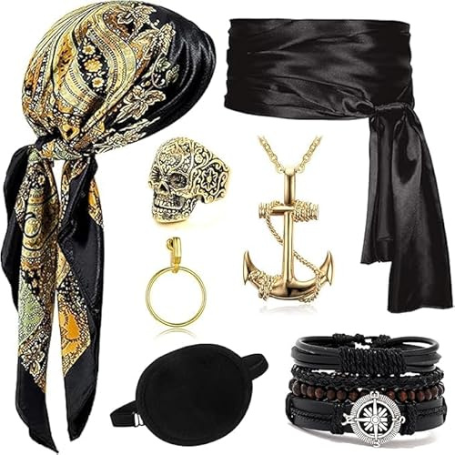 Piratenkostüm Herren Damen,Piratenkapitän Kostümzubehör,Piraten Accessoires Set,Piraten Kostüm Zubehör,mit Piraten Kopftuch Piratenschmuck Augenklappe Ohrringe Halskette Taillengürte