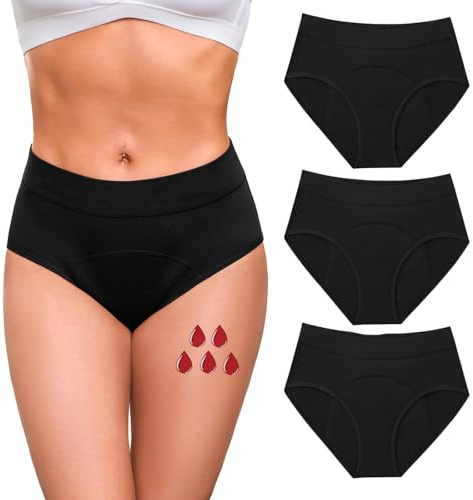 Briyat Culotte Menstruelle en Coton pour Femme Lot de 3 Taille Haute Culottes Menstruelles Ultra absorbante pour Flux Abondant et Protection Discrète Slip Fuite Urinaire Femme Lavable,Noir,XL