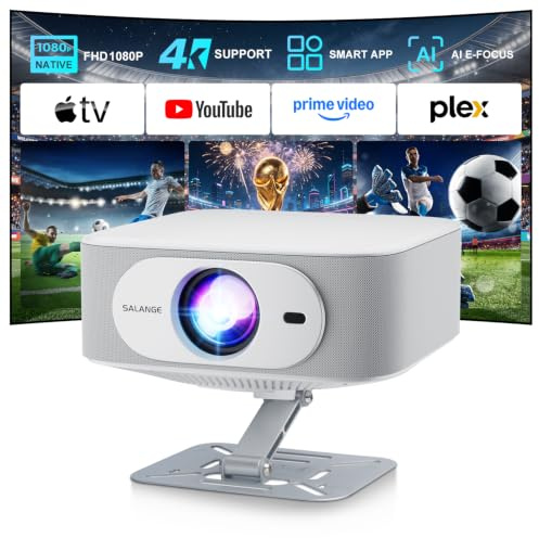 Salange Projektor Stöd 4K [Native 1080P | Integrerad App | Android 14],Smart Projektor WiFi6 Bluetooth 5.4,Trädgårdsprojektor Bärbar Elektronisk Fokus & Automatisk Korrigering Hemmabio 180° Rotation