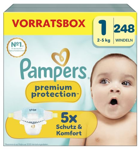 Pampers Premium Protection Größe 1, 248 Windeln, 2kg-5kg | unser Nr. 1 Haut- und Auslaufschutz