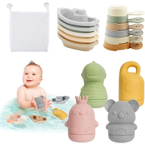 Mailfull Set de 15 juguetes de baño para niños con bolsa de almacenamiento, lindos animales que salpican, juguete de baño para bebés a partir de 1, 2, 3 años
