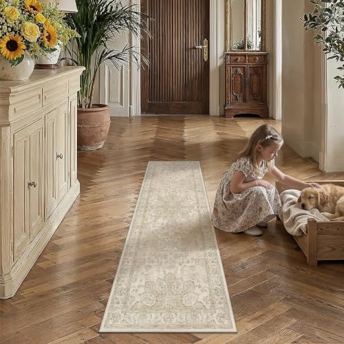 PureCozy Beige Läufer Flur Teppich 60x180cm Vintage Teppichläufer rutschfest Waschbarer Weich Lang Carpet Teppiche Runner Bettvorleger Küche Schlafzimmer Büro Kurzflor Tepich Rug