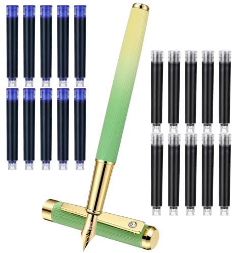 WJIAAA Metal Fountain Pens with 20 Ink Cartridges, 0.5mm Fine Nib luxury Calligraphy Pen Smooth Writing with 10 Black and 10 Blue Ink Refills for Office School Writing Supplies (Stripe Gradient)
