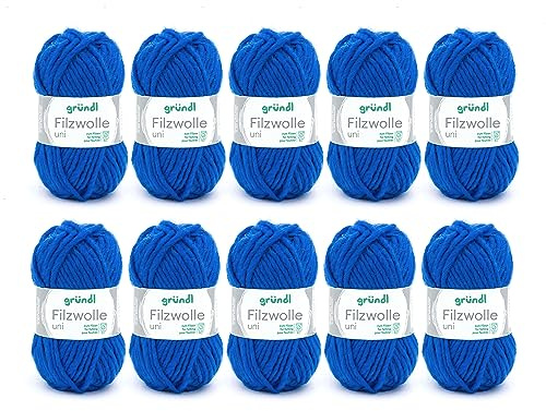 Gründl filtull uni (ull för tovning, stickning och virkning, garn tillverkat av 100% ny ull, 50 g/50 m, nåltjocklek: 8–9, 10 x 50 g), kungsblå