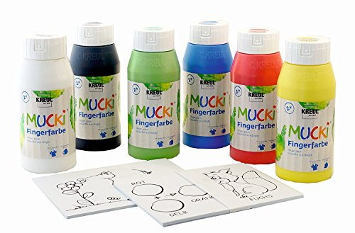 KREUL 29150 - Mucki Fingermalfarbe, Power Pack, Zeig mir die Welt der Farben, 6 x 750 ml Fingerfarbe und 20 Malvorlagen
