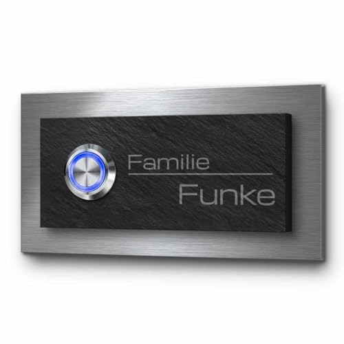 Edle Türklingel mit Gravur und LED-Klingelknopf | Klingel Modell Funke 11x6 cm | gravierte Klingel aus Schiefer und Edelstahl - Klingelschild Klingelplatte beschriftet
