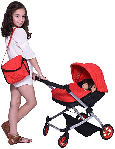 The New York Doll Collection Moderno Gemelo Muñeca De Lujo Bebé Abucheo Paseante Rojo Acolchado Tejido - Altura Ajustable - Gratis Pañal Bolso - Extra Alto