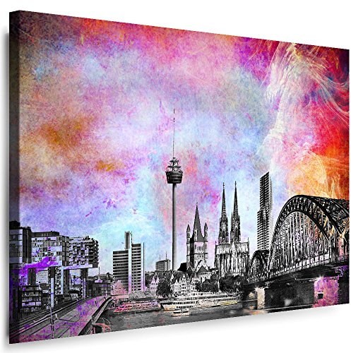 Köln Wandbild - 120 x 80 cm Querformat Bild - Leinwand mit Rahmen (Leinwandbild) Städte Kunstdrucke Skyline, Turm, Brücke Wanddeko St-01-20
