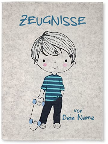 Goldi-Design Zeugnismappe Skateboarder weiß personalisiert mit Namen 100% Wollfilzumschlag und Sichtbuch DIN A4 mit 20 Hüllen